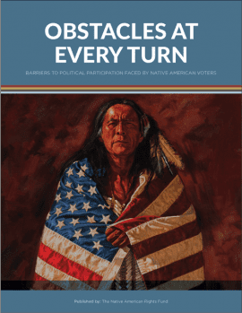 Image of the cover of the report. Native American man wrapped in US flag