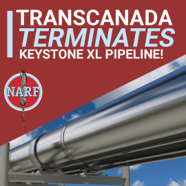 Photo of pipeline with text: TransCanada Terminates KXL Pipeline