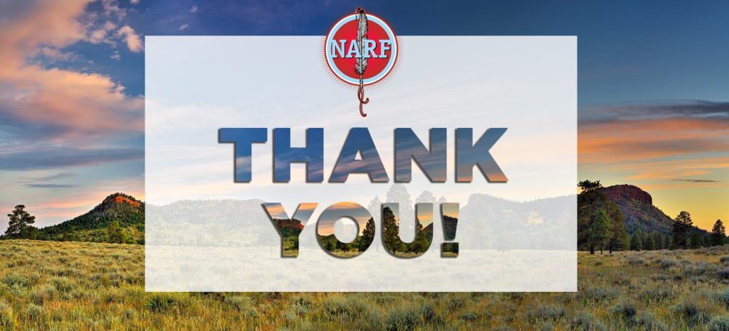 Text: Thank You! with NARF logo and Bears Ears landscape
