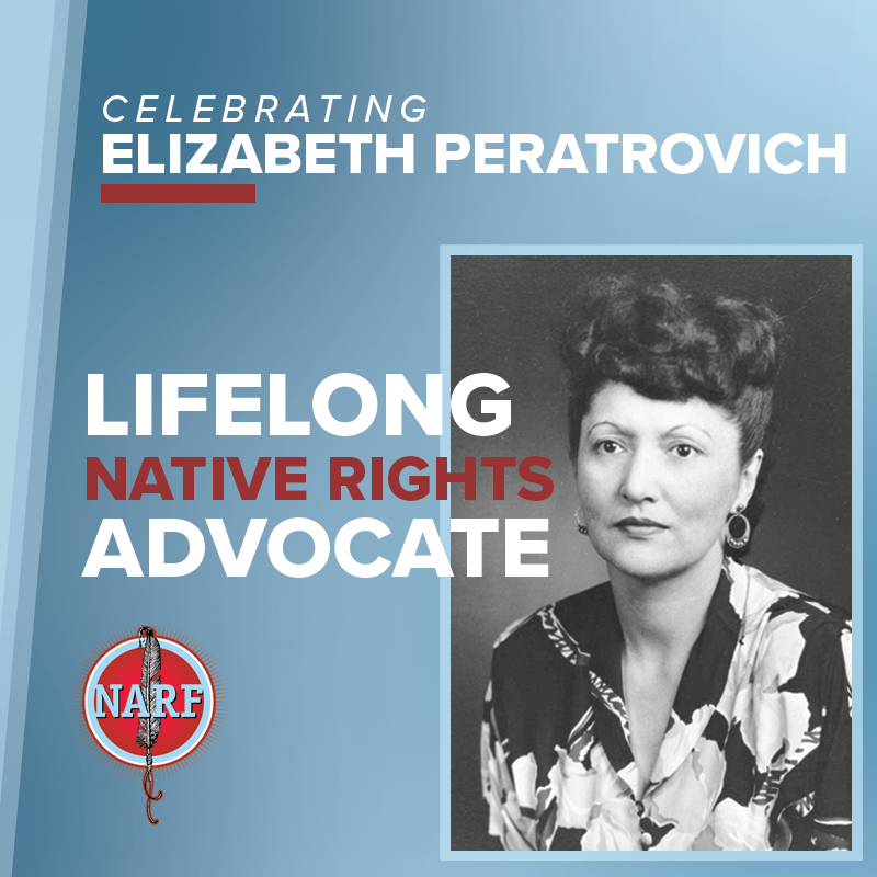 A photo of Elizabeth Peratrovich with text: Lifelong Native Advocate