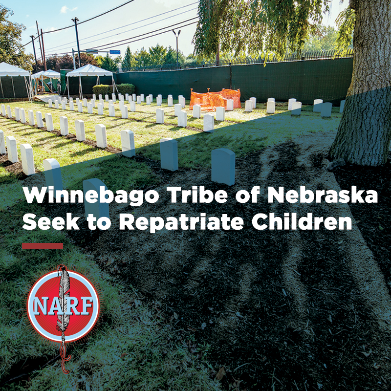 Photo of Carlisle cemetary with text: Winnebago Tribe of Nebraska Seek to Repatriate Children