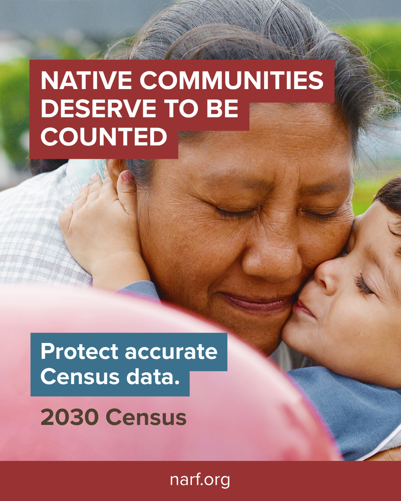 Photo of a Native grandmother embracing a child. Text reads: “Native communities deserve to be counted. Protect accurate Census data. 2030 Census.” NARF.org.